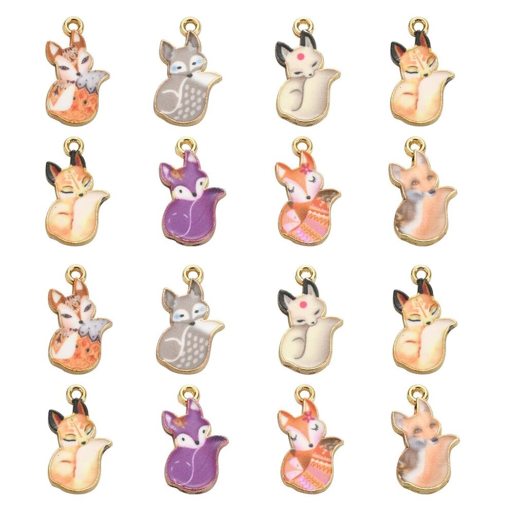 8832 40pcs Enamel Fox Charms With Flower Print - Cartoon Wild Animal Cute